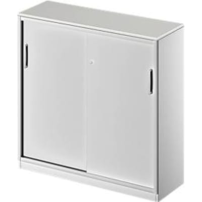 Schäfer Shop  Genius Schuifdeurkast TETRIS SOLID, 3 ordnerhoogten, B 1200 x H 1170 mm, middenwand, 19 mm afdekplaat, lichtgrijs/blank aluminium