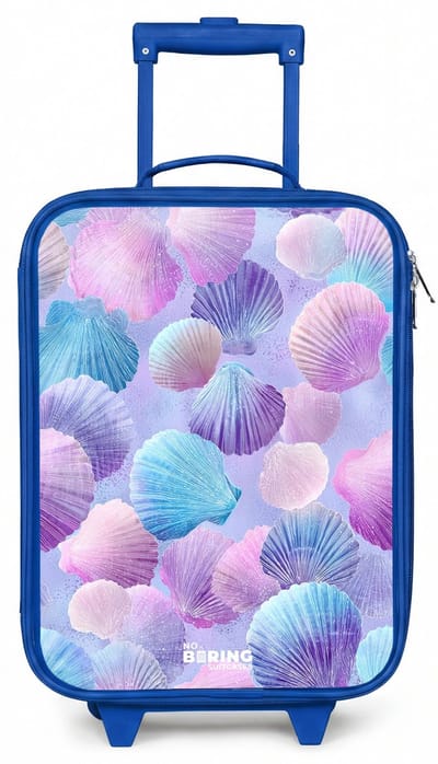 NoBoringSuitcases.com® - Kinderkoffer blauw - Kindertrolley jongen - Gekleurde schelpen op een paarse achtergrond - Koffer kind lichtgewicht - Reiskoffer trolley voor kinderen - Koffertje met lichtgevende wieltjes - Rolkoffer