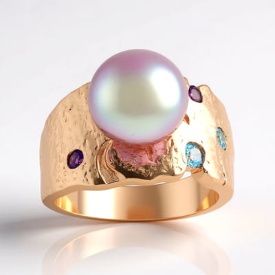 Cavill - Zilveren ring roséverguld - Ming parel 9,5 mm - Zwitsersblauwe topaas 0,13 ct & amethist 0,06 ct - Elegante ring met organisch design
