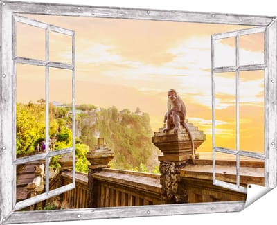 Gards Tuinposter Doorkijk Aap op de Uluwatu Tempel in Bali - 180x120 cm - Tuindoek - Tuindecoratie - Wanddecoratie buiten - Tuinschilderij