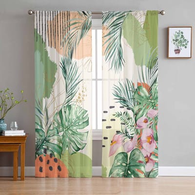 Zomerse Tropische Palmblad Aquarel Raam Tule Gordijnen voor Woonkamer Slaapkamer Hotel Luxe Decoratie Transparante Gordijnen 135W x 114H(cm) white