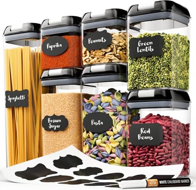 Voorraadpot Set Luchtdichte Voorraaddozen - Etiketten & Stift - Voorraadpotten & Bewaarpotten – Ideale Bloem, Muesli en Spaghetti Voorraadpot & meer - Plastic Voorraadpotten met Deksel