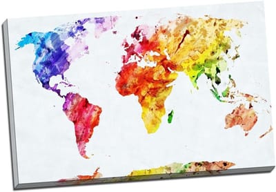 Wereldkaart Canvas - Schilderij Poster - Wanddecoratie - Waterverf Afwerking - 30x20 Inch
