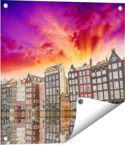 Gards Tuinposter Amsterdamse Huisjes bij het Kanaal - Kleur - 50x50 cm - Tuindoek - Tuindecoratie - Wanddecoratie buiten - Tuinschilderij
