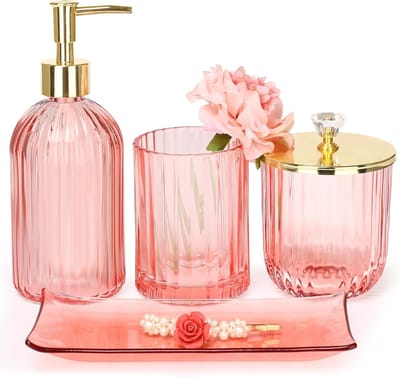 Famanu - Badkamer Accessoires Set, 4 stuks Glazen Badkamer Accessoires Sets Compleet w/Lotion Zeep Dispenser, Tandenborstelhouder, Apothecary Pot, Vanity Tray, Moderne Badkamer Decor, Cadeau voor Thuis