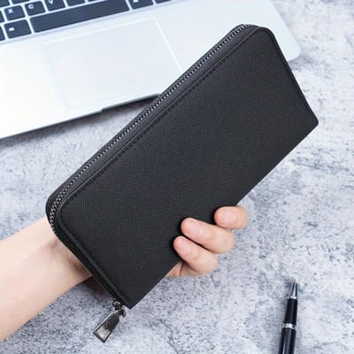 Portefeuille Long Homme Grande Capacité Multiples Fentes pour Cartes Toile Porte-Monnaie Zippé Sac à Main d'Affaires Porte-Cartes Portefeuille Sac à Pièces noir