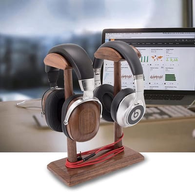 Hoofdtelefoonstandaard Hout - Headset Houder - Bureau Organisatie - Dubbele Haak Ontwerp - 21.8 x 11 x 28cm - Walnoot
