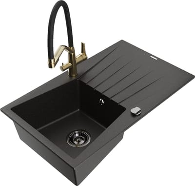 Mexen Cesar granieten spoelbak 1-komor met afdruiprek en keukenkraan Duo, zwart/goud metallic - 6514-75-671701-57-B
