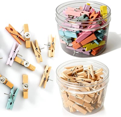 SnelShoppen - Pack van 100 Houten Pins - Kleine Houten Clips voor Foto's, Kaarten, Posters en Creatieve Projecten - Natuurlijke en Kleurrijke Variante