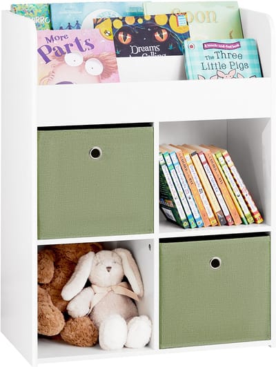 SoBuy Kinderboekenkast met 3 Planken & 4 Vakken – Kinderopbergrek met 2 Stoffen Opbergdozen – voor Speelkamer & Kinderkamer – Wit/Groen, 60x34x80 cm, KMB79-W