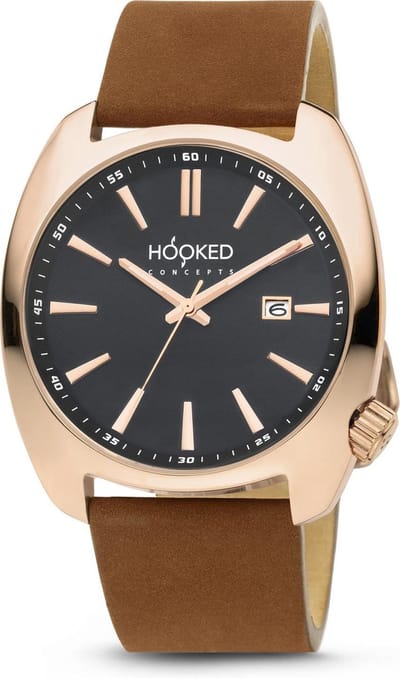 Hooked Concepts - Polshorloge - Rose Goud - Bruin Leer- 45 mm - HWR001M