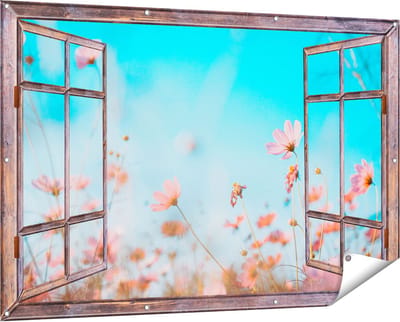 Gards Tuinposter Doorkijk Paarse Kosmos Bloemen - 150x100 cm - Tuindoek - Tuindecoratie - Wanddecoratie buiten - Tuinschilderij