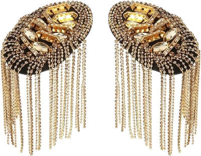 Gouden epauletten met strass en franjes voor carnaval, kostuum, cosplay en podiumjas - 18 cm schouderdecoratie