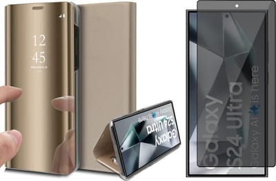 Hoesje geschikt voor Samsung Galaxy S24 Ultra - Privacy Screenprotector Volledig Dekkend Glas - Spiegel Book Case Goud