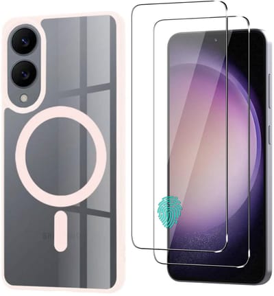 Casemania Hoesje + Glas Geschikt voor Samsung Galaxy S25 Edge - Roze - Bumper Telefoonhoesje geschikt voor MagSafe - Zachte Thermoplastic Polyurethane Rand en Krasbestendige Transparante Achterkant Back Cover + 2x Glazen Screenprotector
