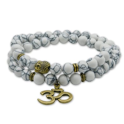 Marama - Wikkelarmband Ohm Marmer - Damesarmband - natuursteen - elastisch - Ohm-teken - Buddha - Lichtgrijs-Brons - cadeau dames - 2x om de pols - geschenkzakje