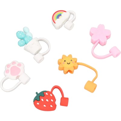 6 Pièces Bouchon de Paille Mignon Dessin Animé Réutilisable Toppers en Silicone Embouts à Boire Couvercles Bouchons Type B white