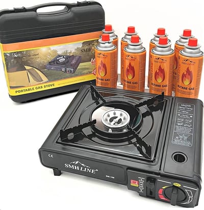 SnelShoppen - Campingkooktoestel Gasfornuis Set incl. 8 Gaspatronen, Butaangas, Piëzo-ontsteking, Draagkoffer, 1-pits Outdoor Tafelgrill voor Tuin, Pi