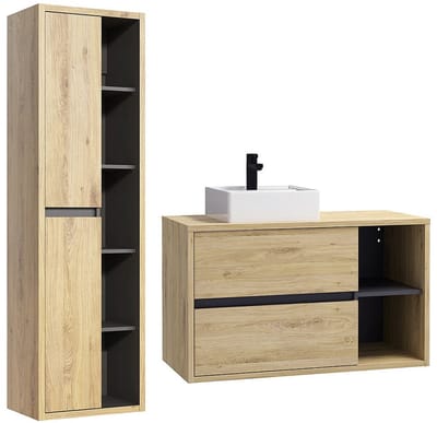 Vente-unique Hangend badkamermeubel met vierkante wastafel en kolom - 100 cm - Naturel - PURNAL