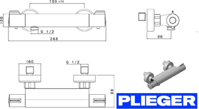 Plieger Comfort New - douchekraan thermostatisch - HOH=15cm - chroom