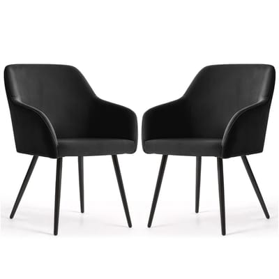 Set van 2 Eetkamerstoelen ESTELLE met Armleuningen / Gestoffeerde Stoelen / Fluwelen Stoelen en Metalen Poten / Zwart met zwarte benen