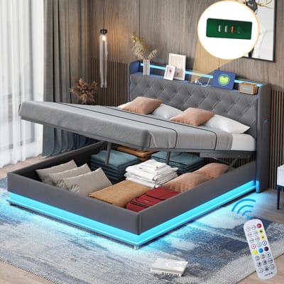 Sweiko Gestoffeerd bed - 160*200 cm - USB-laadpoort - Hydraulische opbergruimte - Linnen - Grijs