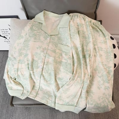 Slaapkleding Koreaanse Stippenprint 2-delige Pyjamaset V-hals Knopenontwerp Homewear Damespyjama Herfst Nieuw All-match Pyjama XXL beige