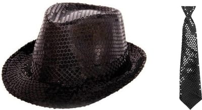 Folat - Verkleedkleding set - Glitter hoed/stropdas zwart volwassenen