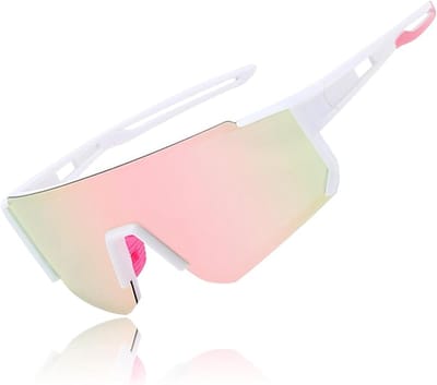 Unisex sportzonnebril, gepolariseerde zonnebril, fietsbril, hardloopbril, Geschikt voor mountainbiken, wielrennen, skiën en hardlopen, met UV400-bescherming (wit montuur en roze coating).