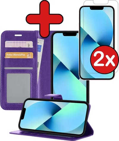 Hoesje - Met 2x Screenprotector - Geschikt voor Apple iPhone 13 Mini - Luxe Pasjeshouder - Flip Case - Bookcase Portemonee - Kunstleer Book Case - Flipcase Hoes - Book Cover - Walletcase - Portemonneehoes - Telefoonhoes - Paars