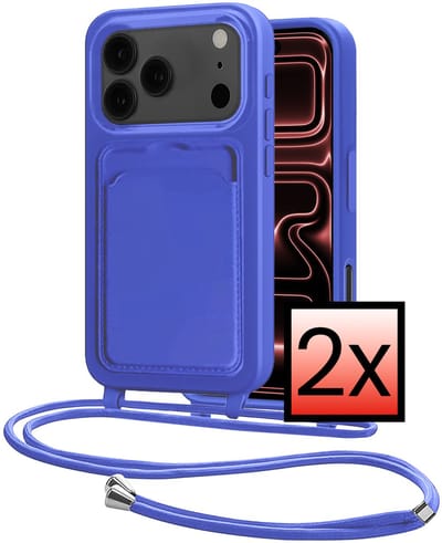 Hoes Geschikt voor iPhone 17 Pro Hoesje Pasjeshouder Cover Met Koord Case Siliconen Hoes Met Telefoonkoord en Kaarthouder - Felblauw - 2 PACK