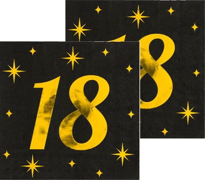 Paperdreams Verjaardag feest servetten - leeftijd 18 jaar - 32x stuks - zwart/goud - sterren - 33 x 33 cm