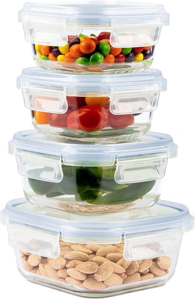 Famanu - Glazen vershoudbakjes, vierkant glas meal prep container met deksel, ruimtebesparend voor magnetron en vriezer (set 4, blauw)