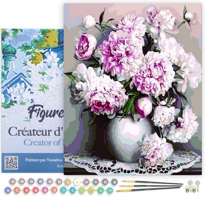 Figured'Art Schilderen op Nummer Volwassenen met lijst - Vaas met pioenrozen - Handwerk acrylverf Kit DIY Compleet - 40x50cm Canvas al ingelijst