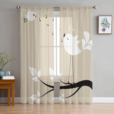 Vogel Noot Melodie Tak Blad Tule Gordijnen voor Woonkamer Keuken Slaapkamer Transparante Tule voor Café Hotel Moderne Huisdecoratie 135W x 114H(cm) white