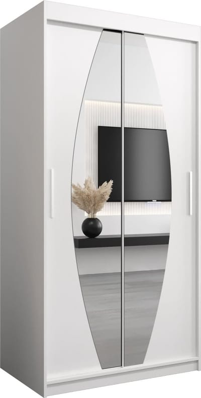 InspireMe - Kledingkast met 2 schuifdeuren, Modern-stijl, Een kledingkast met planken en een spiegel (BxHxD): 100x200x62 - GLOBE 100 Wit Mat