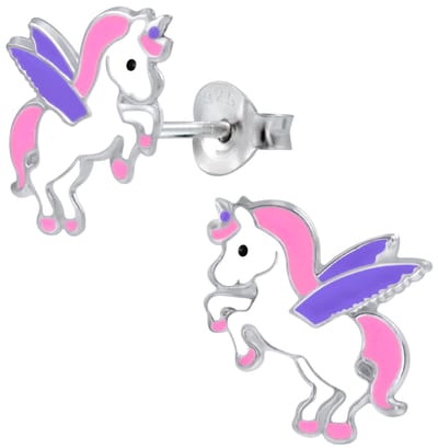 Joy|S - Zilveren eenhoorn oorbellen - met paarse vleugeltjes - 10 x 13 mm - unicorn oorknoppen