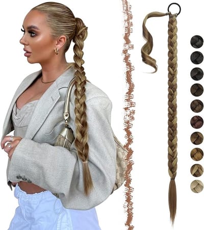 Paardenstaart Extensions met Haarelastiek, 75 cm Lange Ponytail Extensions Gevlochten Haarstukje Synthetische Balayage Paardenstaarten Extensie voor Vrouwen, Roodbruin gemengd Asblond