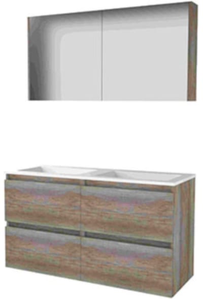 Basic-Line Comfort 46 Badkamermeubelset - 120 x 46 cm - Greeploos - 4 Lades - Acryl Wastafel - Zonder Kraangat - Spiegelkast - Scotch Oak