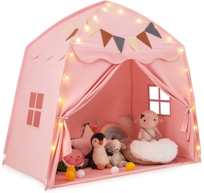 COSTWAY Speelhuisje voor kinderen, kindertent met vlaggen en lichtkettingen, prinsessenspeeltent, grote tent voor kinderkamer voor jongens en meisjes vanaf 3 jaar, 157 x 98 x 148 cm (roze)