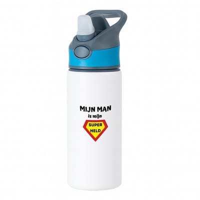Hacebo® - mijn man is mijn superheld waterfles met rietje blauw - Vriend/vriendin - super man - valentijnsdag - verjaardag - cadeautje voor vriendje - kado - geschenk - water fles - 650ML