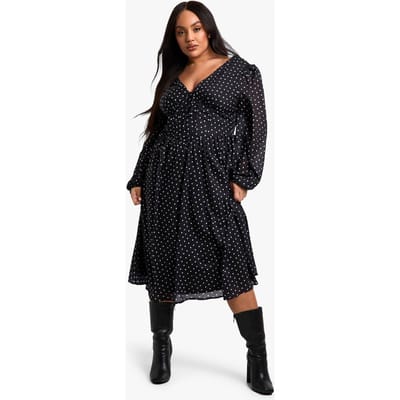 boohoo Dames Plus geweven polkadot Milkmaid Midi Skater jurk | Black | Maat: 16