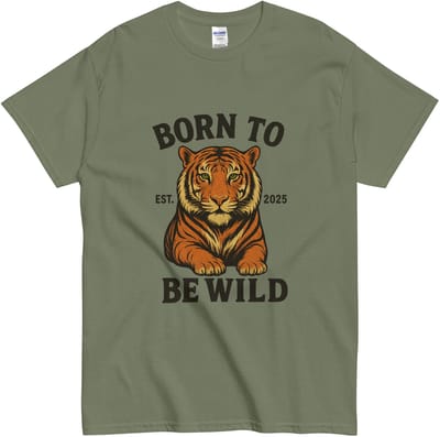 Vintage Tijger T-shirt – Born to Be Wild – Dames & Heren – Katoen – Stoer Shirt voor hem en haar - Khaki Groen - S