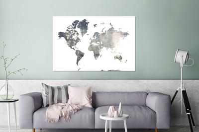 Aluminium schilderij 120x80 cm - Wanddecoratie metaal - Wereldkaart - Blauw - Hout - Metalen muurdecoratie woonkamer - Decoratie industrieel - Foto op dibond - Industriële accessoires slaapkamer