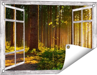 Gards Tuinposter Doorkijk Bos met Zon tussen de Bomen - 60x40 cm - Tuindoek - Tuindecoratie - Wanddecoratie buiten - Tuinschilderij