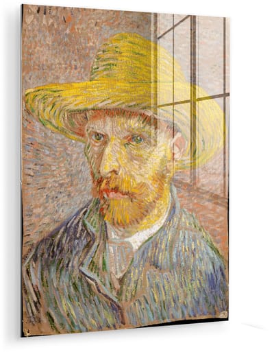 ® Glasschilderij 120x160 cm - Schilderij acrylglas - Zelfportret met een strohoed - Vincent van Gogh - Foto op glas - Muurdecoratie woonkamer - Wanddecoratie slaapkamer - Schilderijen