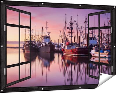 Gards Tuinposter Doorkijk Schepen in de Haven - Boten - 150x100 cm - Tuindoek - Tuindecoratie - Wanddecoratie buiten - Tuinschilderij