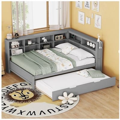 Merax Onderschuifbed 140 x 200 cm + 90 x 190 cm met USB-aansluiting en opbergruimte - massief hout - grijs