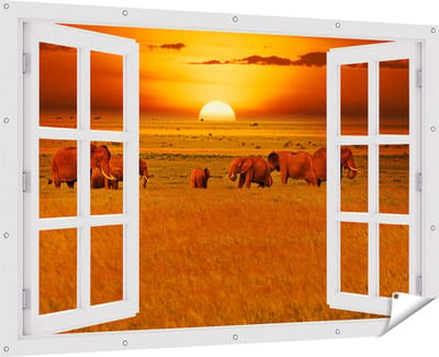 Gards Tuinposter Doorkijk Olifanten in het Wild - Zonsondergang - 180x120 cm - Tuindoek - Tuindecoratie - Wanddecoratie buiten - Tuinschilderij
