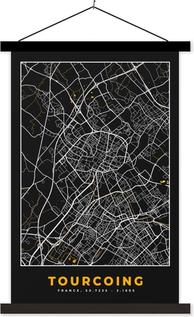 Posterhanger incl. Poster 40x60 cm - Schoolplaat - Frankrijk - Tourcoing - Stadskaart - Kaart - Plattegrond - Textielposter - Zwarte latten - Stadskaart